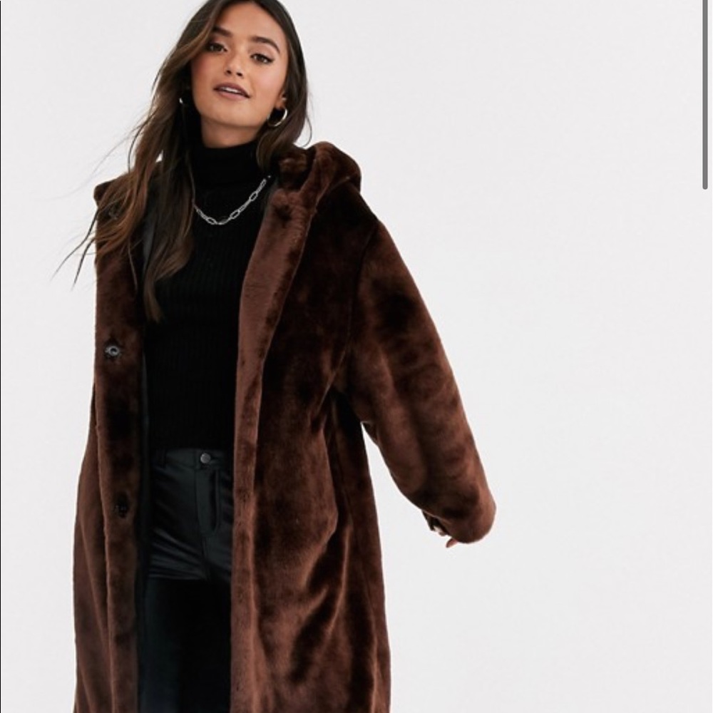 ASOS DESIGN plush faux fur hooded coat in brown